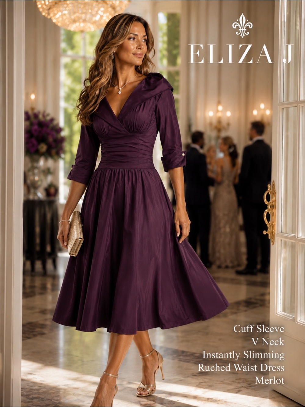 💜ELIZA J,Cuff Sleeve,V Neck,Instantly Slimming Ruched Waist Dress,Merlot, 8P